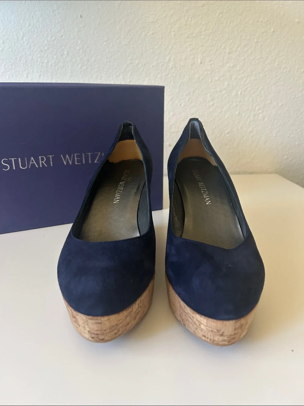 Stuart Weitzman Navy Suede Cork Wedge Pumps